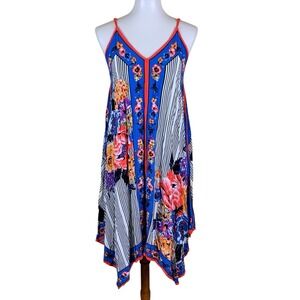 Flying Tomato Blue Floral Striped Midi Dress with Coral Trim